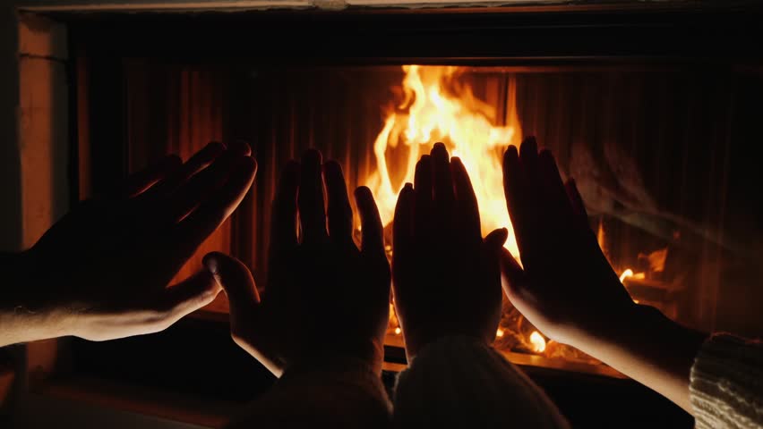 Cozy fireplace warming hands, glowing flame, winter evening scene.