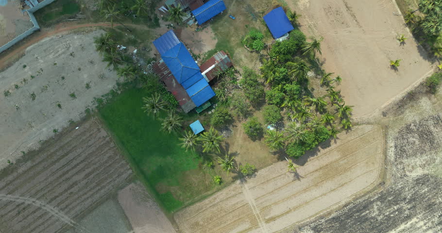 Top down aerial view of a rural homestead with  blue roofs and palm trees, showing a sharp contrast between sunlight and cloud shadows over the fields