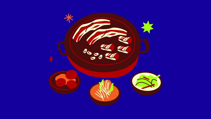 Grilled meat with side dishes animation on blue screen