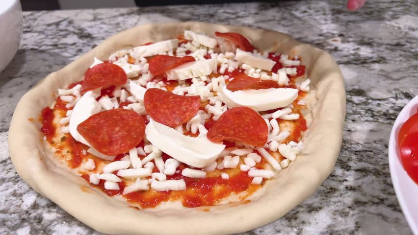 The footage shows hands arranging red onion slices on a pizza that has already been topped with pepperoni, mozzarella, and sauce. The scene takes place on a granite countertop in soft kitchen lighting