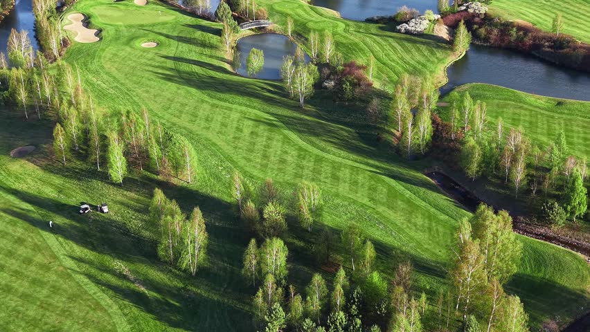 Top view of golf course green and bunkers