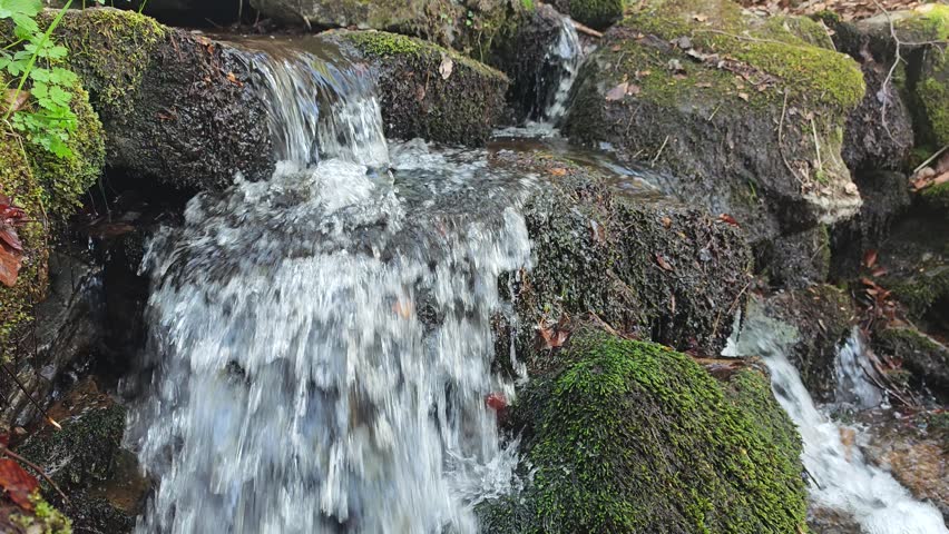 Beautiful small waterfall cascade in mossy forest, close up
