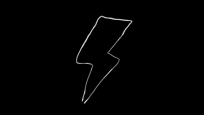 A line drawing illustration of a lightning bolt. A hand-drawn icon video with moving lines. A looping 4K animation. A decorative stamp of a drawing drawn freehand with a white pen on a black background.