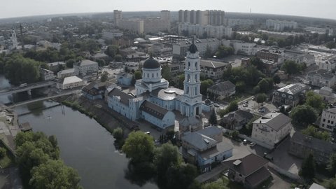 Aerial Orbit above Noginsk Riverfront Cathedral