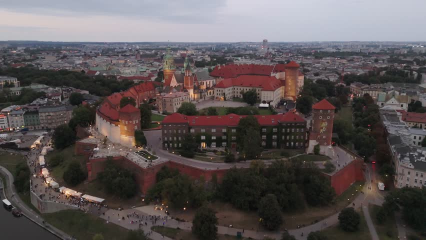 Aerial flyover of Wawel Castle in Krakow, Poland