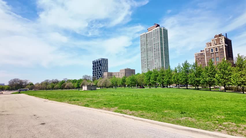 View of Chicago skyline along Lake Shore Drive with Lake Michigan waterfront