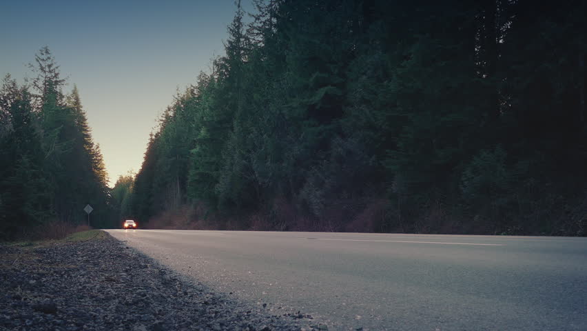 Car Passes On Forest Road In The Evening