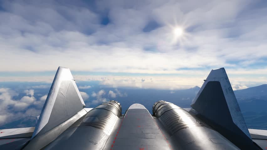 A thrilling aerial view from a fighter jet as it navigates through fluffy clouds, with a majestic mountain range visible below.