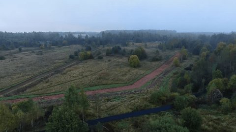 Forward Aerial View Foggy Countryside Landscape