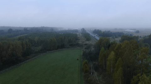 Drone Flying along Foggy Countryside Highway