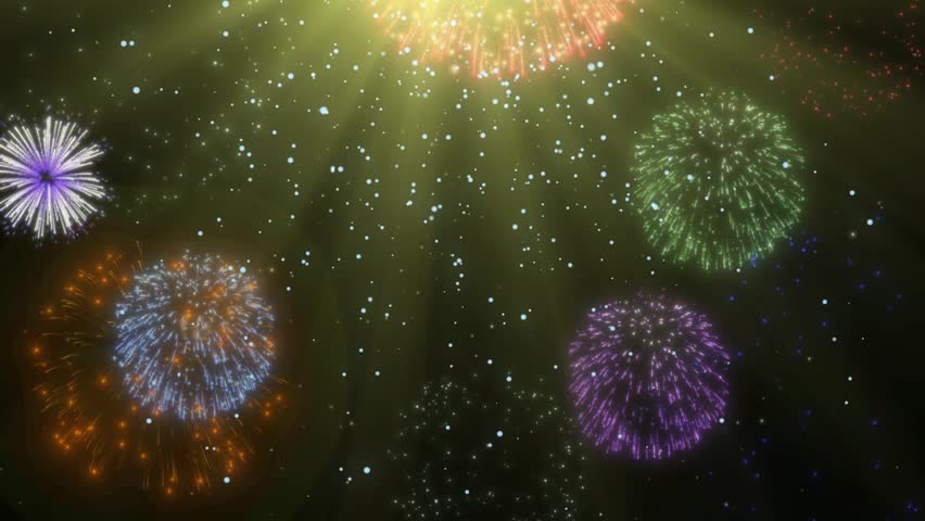 Vibrant colorful fireworks explode in night sky with bright beams of light