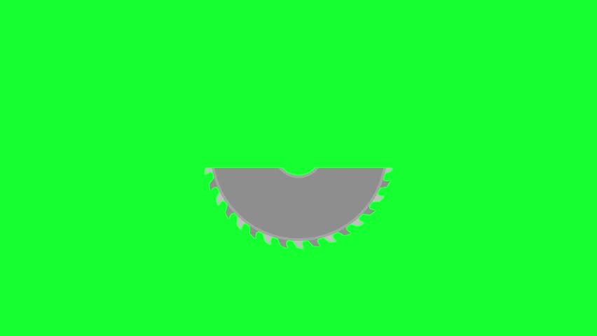Animated rotating circular saw blade icon on green screen background, representing cutting tools, industrial machinery, woodworking, and construction concepts, ideal for chroma key editing and mechanical motion graphics in seamless 4K loop.