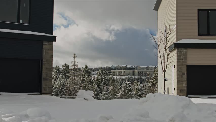 Winter Residential Street Halifax suburb of Beechville Nova Scotia Canada Snow Covered Wooden Houses Fresh Snowfall Sunny Day Cozy Suburban Living Neighborhood Scene 4K