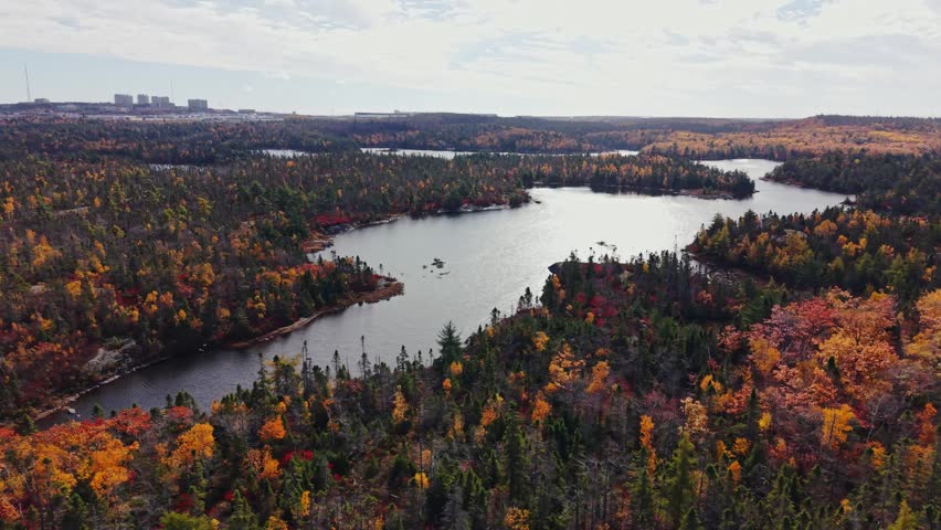 Aerial Lake Surrounded By Autumn Forest Halifax Nova Scotia Canada Colorful Red And Yellow Trees Scenic Natural Landscape With Small Islands 4K