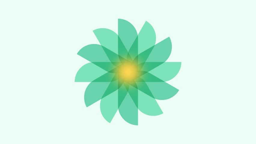 Abstract teal flower graphic with a glowing yellow center on white ground