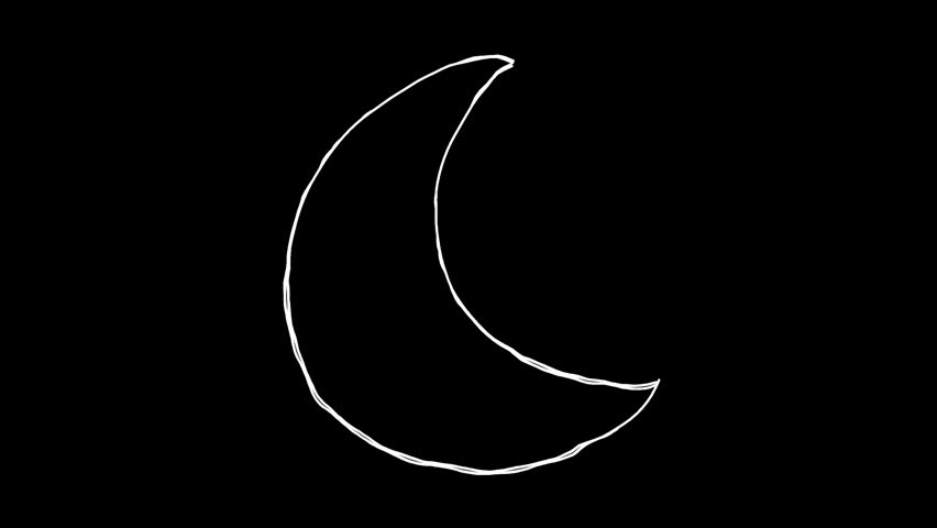 A crescent moon doodle line art illustration. A hand-drawn icon video with moving lines. A looping 4K animation. A decorative stamp of a drawing drawn freehand with a white pen on a black background.