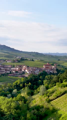 Panoramic view of Barolo vineyards and rolling hills under bright daylight in Piedmont Italy