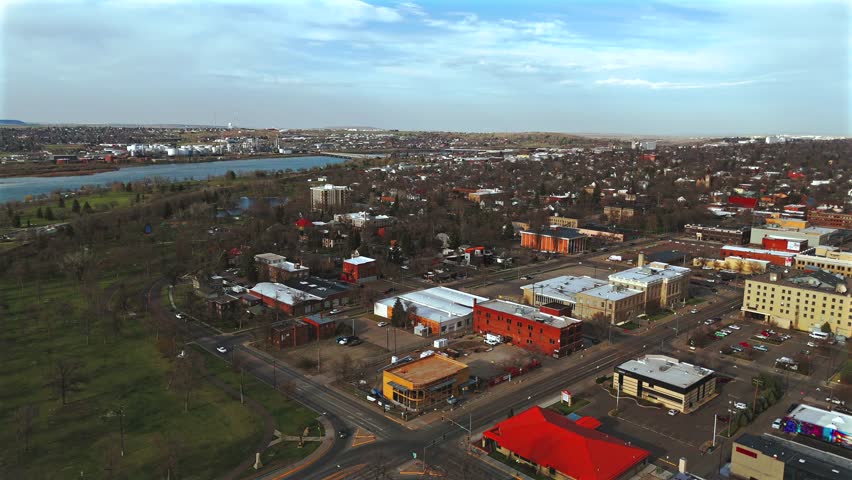 Aerial panorama of Missouri River and Great Falls Montana
