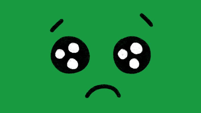 Hand Drawn Cute Sad Face and Glossy Shiny Eyes Animation on Green Screen Background