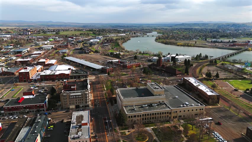 Aerial view of Great Falls Montana with river and bridges
