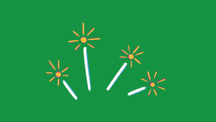 Hand Drawn Yellow Floral Star Fireworks Animation on Green Screen Background