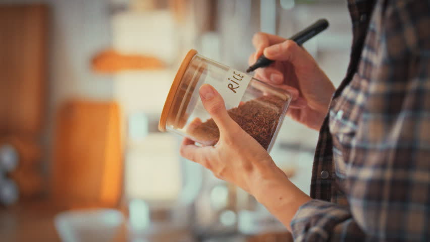 In a home kitchen, a girl labels a clear glass jar rice for cereal storage. The tidy act showcases her habit of organizing the kitchen, ensuring proper food preservation and household order
