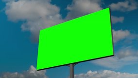 A large blank green screen billboard mockup is perfectly positioned for outdoor advertising against a vibrant blue sky with fluffy white clouds, providing excellent copy space. - Powered by Shutterstock - Get 15% off with code: PIKWIZARD15