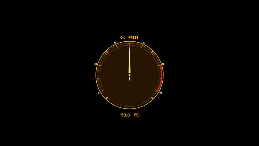 An amber oil pressure gauge HUD element featuring an animated needle and digital PSI readout. Loops seamlessly for compositing as a mechanical status overlay.