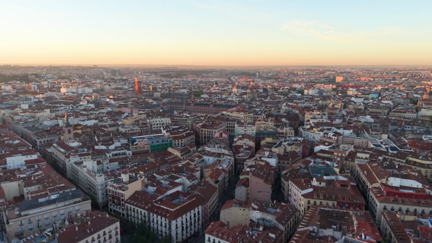 Aerial view of Plaza Mayor At Madrid. Spain. Medieval Buildings Landscape. Downtown District. Madrid At Community Of Madrid Spain. 