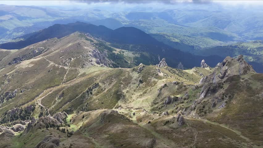 Ciucas Mountains ridge system aerial view with rocky terrain Romania