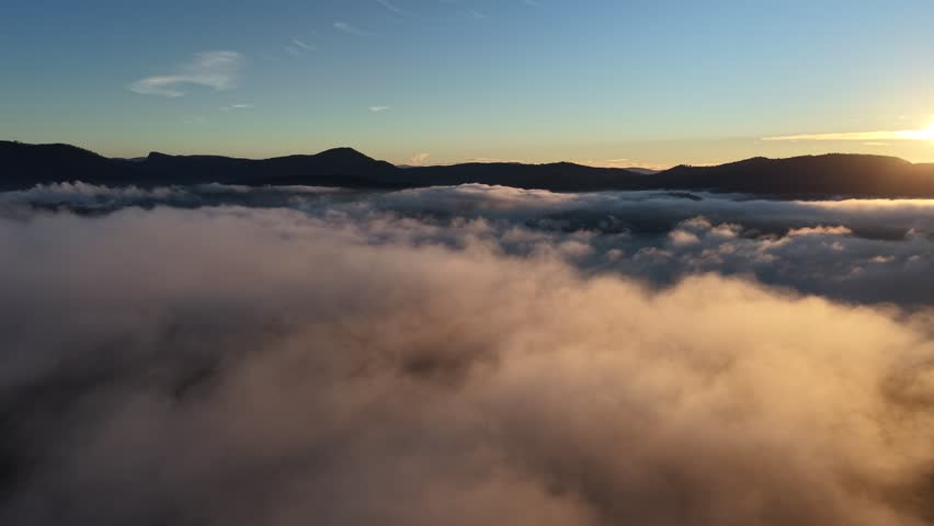 Fog Mist Morning Sunrise Hobart, Tasmania, Australia Aerial Drone 4K