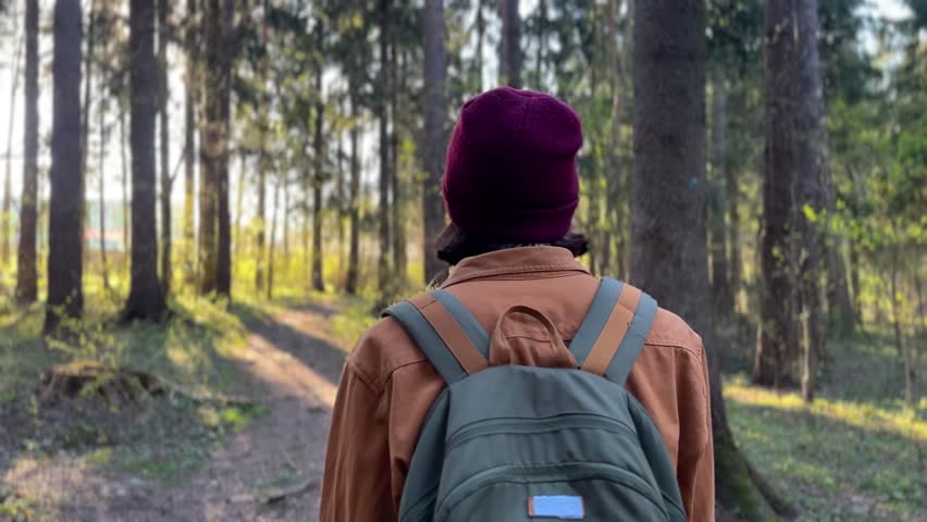 A man stands on a forest path, looking up through the trees. The man wears a beanie and backpack, framed by sunlight filtering through the forest.