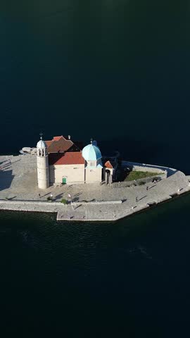 Aerial view of Our Lady of the Rocks Island in Montenegro