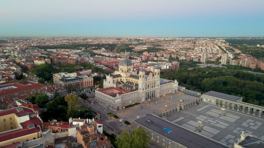 Aerial view of Royal Palace. Madrid. Spain. Medieval Buildings Landscape. Santa Maria Cathedral.
