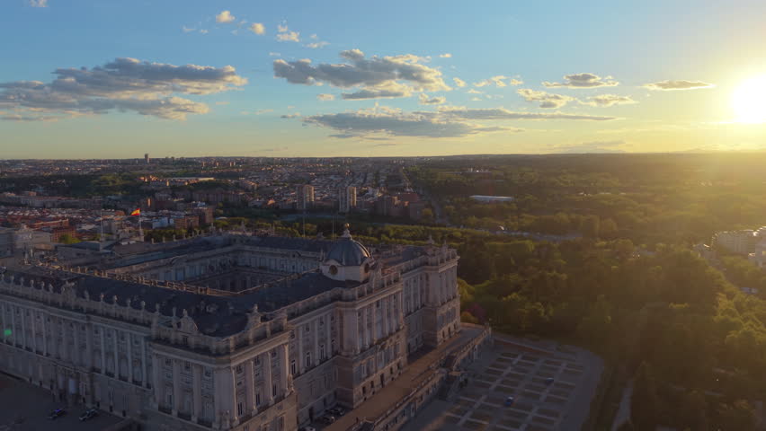 Aerial view of Royal Palace. Madrid. Spain. Medieval Buildings Landscape. Santa Maria Cathedral.