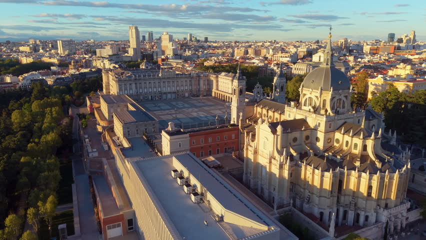 Aerial view of Royal Palace. Madrid. Spain. Medieval Buildings Landscape. Santa Maria Cathedral.