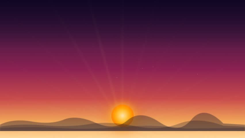 A serene sunrise over rolling hills with a vibrant purple and orange sky