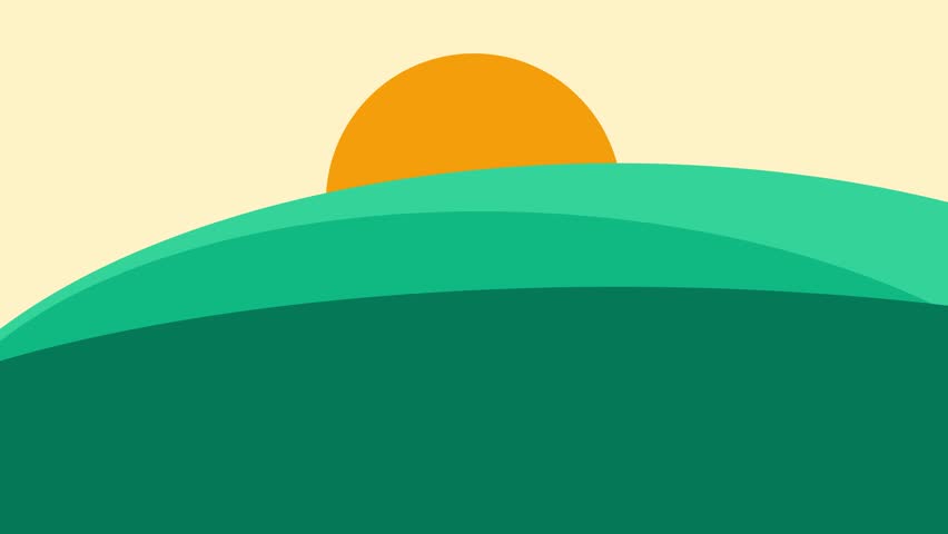 Minimalist vector illustration of a bright sun rising over green hills