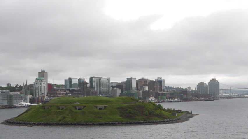 View of Halifax from the harbor with buildings and green area on an island