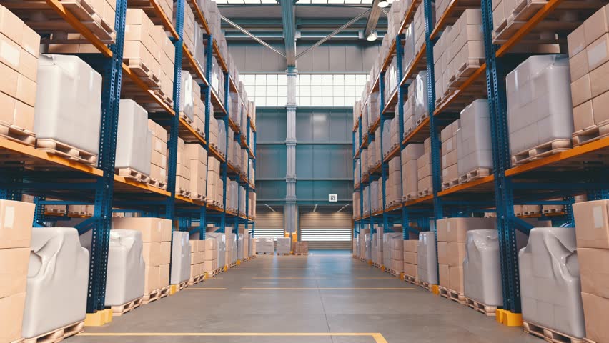 Interior of large industrial or wholesale warehouse. Large multi-level warehouse with shelving and goods. Inside. Indoor. 3D concept. 
Warehouse equipment in a large wholesale warehouse from the inside