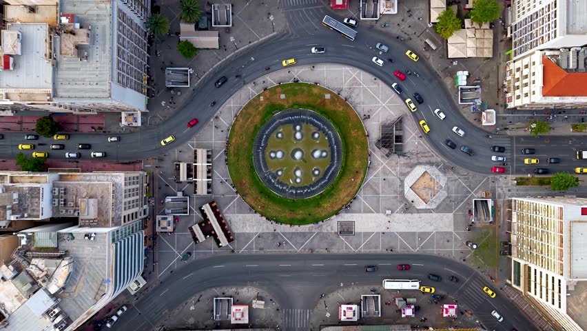 Aerial overhead view of the Omonia Square in the city centre of Athens, Greece, with street and pedestrian traffic