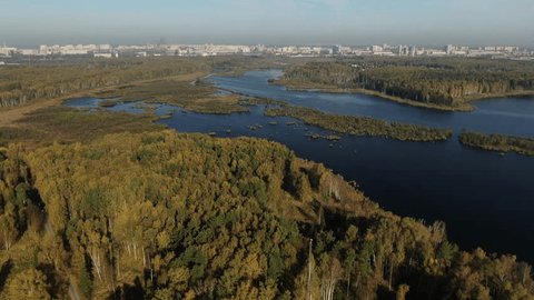 Drone View above River near Mytishchi Skyline