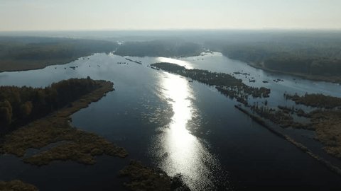Drone Moving Sideways above Autumn River Landscape