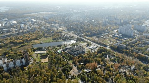 Backward Aerial View over Autumn Mytishchi Landscape