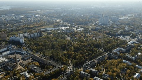 Drone Descending above Autumn Park Mytishchi