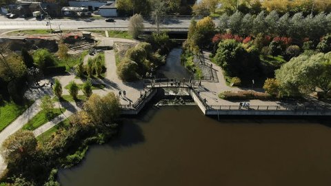 Ascending Drone View above Mytishchi Urban River