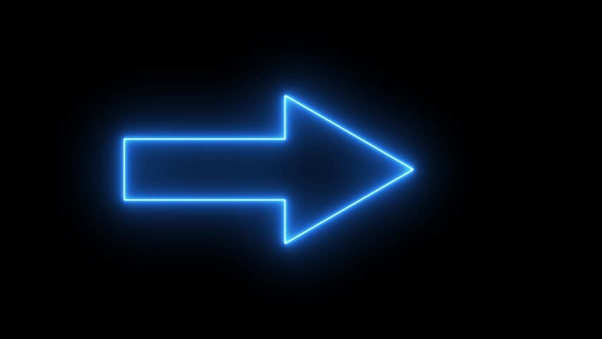 Neon blue glowing arrow sign pointing right on black background, for digital direction