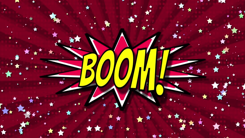 Vibrant Retro Comic Book Style Explosion Animation Featuring A Bold Yellow Boom Text On A Deep Red Radial Sunburst Background With Halftone Patterns, Colorful Floating Stars, And Dynamic White Smoke P
