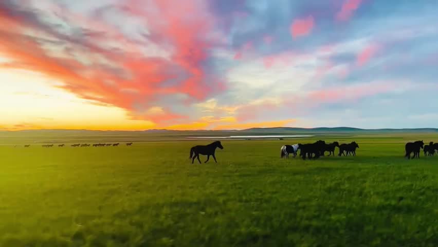 Herd of Horses Grazing in a Grassy Field During a Vibrant Sunset Sky