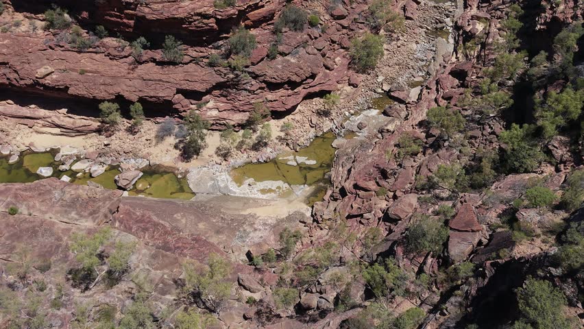 Aerial View of Z Bend Red Rock Canyon With Meandering Murchison River and Rugged Cliffs Under Clear Blue Sky, Kalbarri National Park, Western Australia.